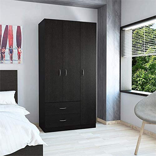 Organize in Style with T 3 Door Armoire with Drawers, Shelves, and Hanging Rod in Black Wenge - A Perfect Storage Solution