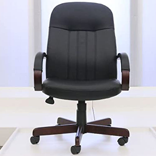 Boss Office Products LeatherPlus Executive Chair With Mahogany Finish In Black