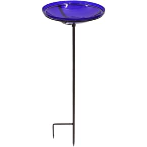 14" Cobalt Blue Crackle Glass Birdbath with Wrought Iron Cradle & Garden Stake – Hand-Blown Bowl, Roman Bronze Finish