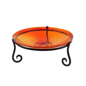 14" Red Crackle Glass Birdbath Bowl – Hand-Blown Glass for Tabletop, Garden Stand, or Hanging, Vibrant Orange-Red Accent