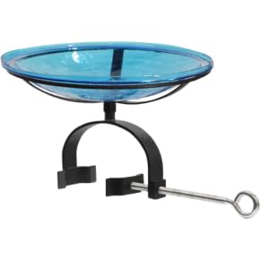14" Teal Crackle Glass Birdbath with Over Rail Bracket – Hand-Blown Glass Bowl, Balcony & Porch Friendly, Weather-Resistant Wrought Iron