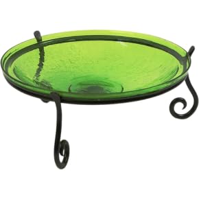 14" Fern Green Crackle Glass Birdbath with Short Wrought Iron Stand – Tabletop & Garden Accent, Weather-Resistant