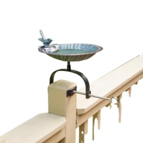 Scallop Shell Over-Rail Birdbath with Sculpted Bird & Verdigris Finish – Antique Copper Brass Bowl, No-Drill Balcony & Deck Mount