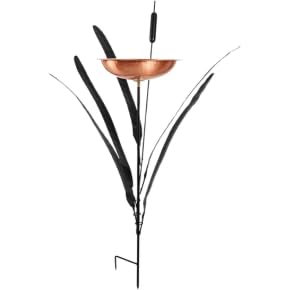 Single Cattail Copper Birdbath with Wrought Iron Stand – Hand-Hammered Solid Copper Bowl, Black Powder-Coated Garden Stake