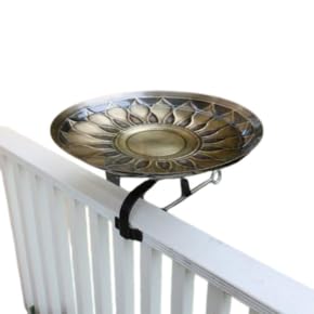 African Daisy Over-Rail Birdbath with Brass Bowl & Wrought Iron Bracket – Antique Finish, No-Drill Balcony & Deck Mount