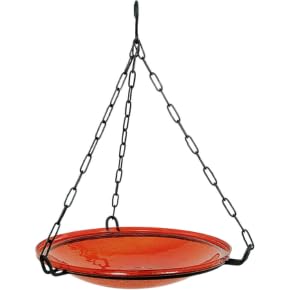 14" Red Crackle Glass Hanging Birdbath with Wrought Iron Ring – Vibrant Garden Accent for Deck, Porch, or Fence