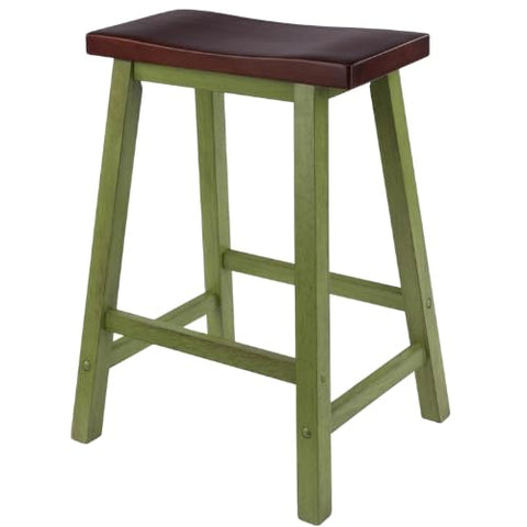 Oakestry Satori Saddle Seat 24-Inch Counter Stool Rustic Green and Walnut Finish Solid Wood Footrest Comfortable Seating Space-Saving Design 220 lbs Capacity Compact Farmhouse Modern Style