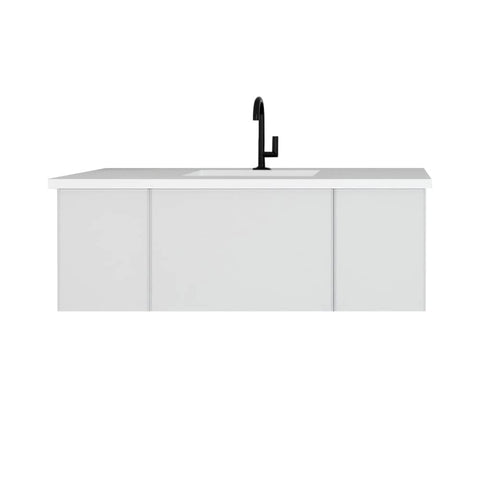 Oakestry Vitri 48 Inch Cloud White Bathroom Vanity Single Sink Viva Stone Matte White Solid Surface Countertop Freestanding Modern Storage Cabinet Soft Close Doors Luxury Washroom Furniture