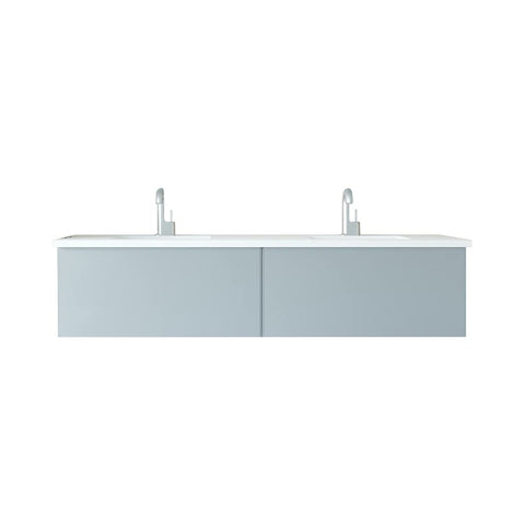 Oakestry Vitri Wall Mounted Bathroom Vanity with Nano Glass Panels, Soft Close Blum Drawers, Solid Surface Countertop, Fossil Grey, Made in Italy