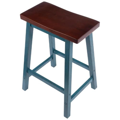 Oakestry Satori Saddle Seat 24-Inch Counter Stool Rustic Teal and Walnut Finish Solid Wood Comfortable Footrest Counter Height Stool with Tapered Legs Farmhouse Modern Style 220 lbs Capacity