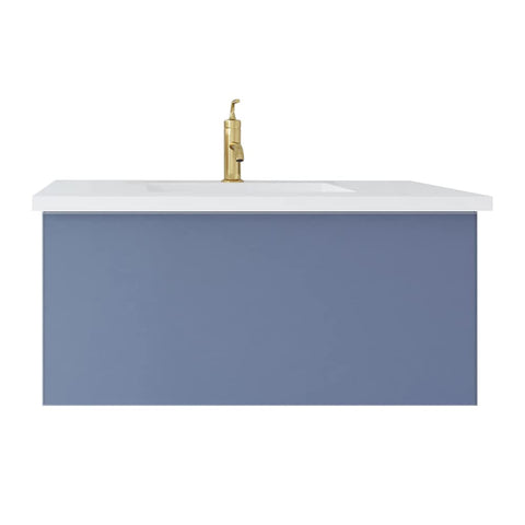 Oakestry Vitri 36 Inch Nautical Blue Bathroom Vanity Single Sink Viva Stone Matte White Solid Surface Countertop Freestanding Modern Storage Cabinet Soft Close Doors Premium Washroom Furniture