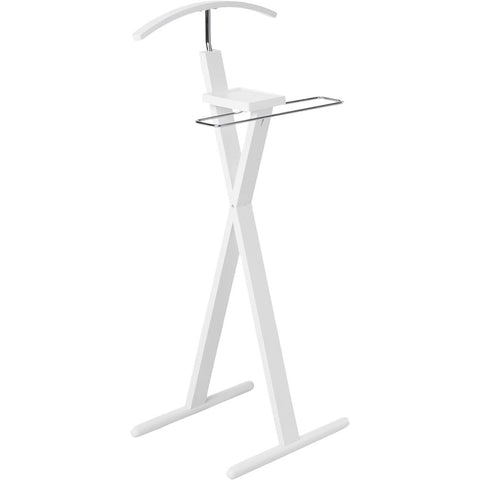 Oakestry White Wood Valet Stand Freestanding Clothes Organizer with Tray Hanger Trouser Bar Space-Saving Suit Rack for Bedroom Entryway Office Durable Stylish Coat Stand for Men’s Wardrobe Storage