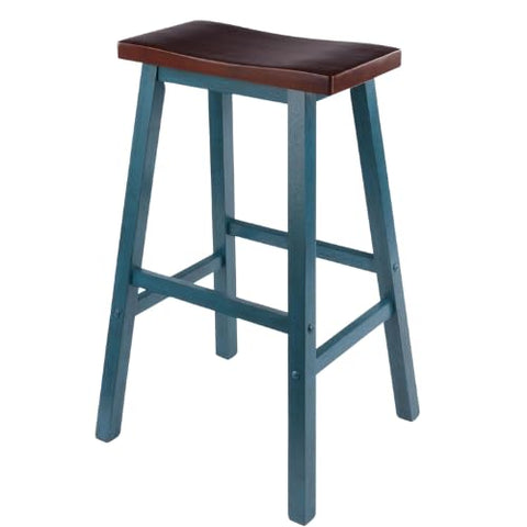 Oakestry Satori Saddle Seat 29-Inch Bar Stool Rustic Teal and Walnut Finish Solid Wood Comfortable Footrest Bar Height Stool with Tapered Legs Farmhouse Modern Design 220 lbs Capacity
