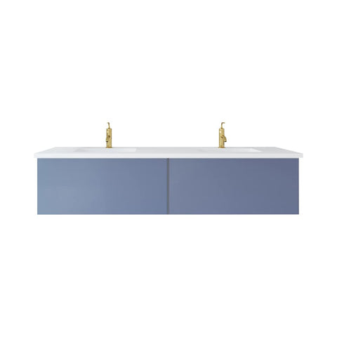 Oakestry Vitri Wall Mounted Bathroom Vanity with Nano Glass Panels, Soft Close Blum Drawers, Solid Surface Countertop, Nautical Blue, Made in Italy