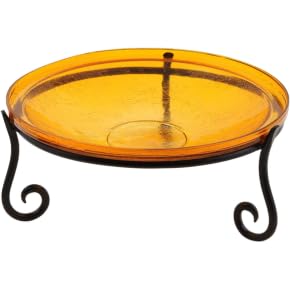 14" Mandarin Crackle Glass Birdbath with Short Wrought Iron Stand – Tabletop & Garden Accent, Weather-Resistant