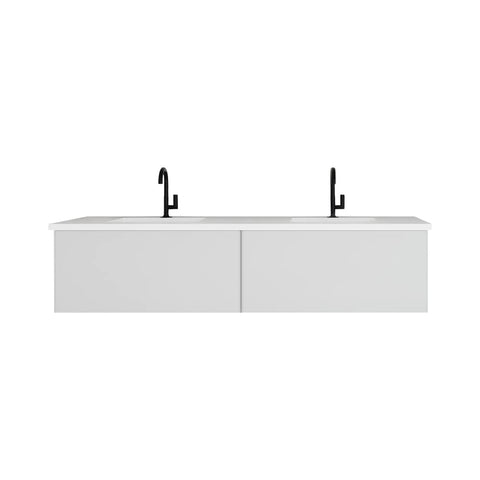 Oakestry Vitri Wall Mounted Bathroom Vanity with Nano Glass Panels, Soft Close Blum Drawers, Solid Surface Countertop, Cloud White, Made in Italy