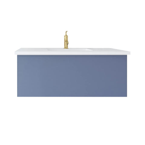 Oakestry Vitri 42 Inch Nautical Blue Bathroom Vanity Single Sink Viva Stone Matte White Solid Surface Countertop Freestanding Modern Storage Cabinet Soft Close Doors Luxury Washroom Furniture