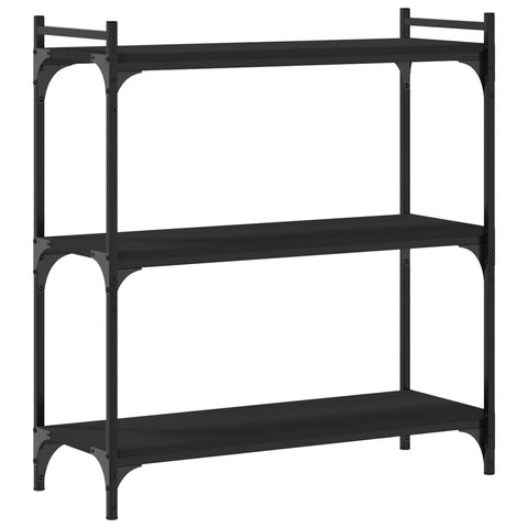 Oakestry Three Tier Black Bookcase in Engineered Wood Modern Open Storage Shelf for Living Room Bedroom or Office