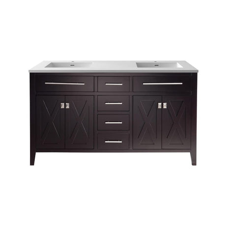 Oakestry Wimbledon 60" Brown Double Sink Bathroom Vanity with Matte White Viva Stone Solid Surface Countertop – Solid Oak, Soft-Close Doors & Drawers, Pre-Assembled