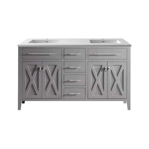 Oakestry Wimbledon 60" Grey Double Sink Bathroom Vanity with Matte White Viva Stone Solid Surface Countertop – Solid Oak, Soft-Close Doors & Drawers, Pre-Assembled