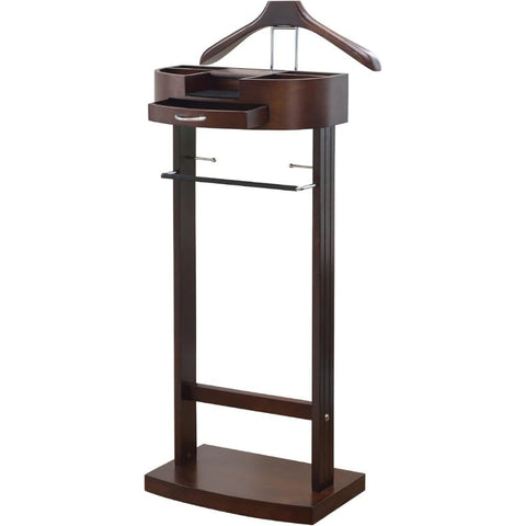 Oakestry Wooden Valet Stand with Drawer Contour Hanger Trouser Bar Belt Hooks Shoe Rack Top Tray for Suit Jacket Pants Accessories Elegant Wardrobe Organizer for Bedroom Office, Mahogany