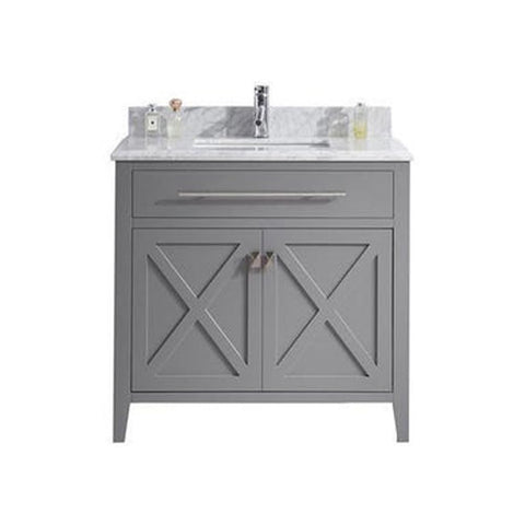 Oakestry Wimbledon 36" Grey Bathroom Vanity with White Carrara Marble Countertop – Single Sink, Solid Oak, Soft-Close Doors, Pre-Assembled