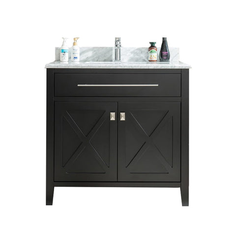 Oakestry Wimbledon 36" Espresso Bathroom Vanity with Matte White Viva Stone Solid Surface Countertop – Single Sink, Solid Oak, Soft-Close Doors, Pre-Assembled