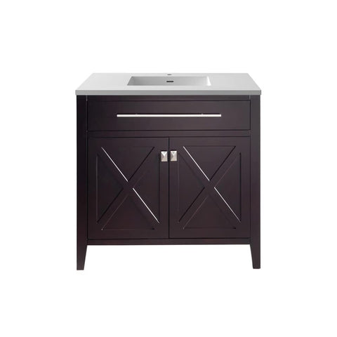 Oakestry Wimbledon 36" Brown Bathroom Vanity with Matte White Viva Stone Solid Surface Countertop, Integrated Sink, Soft Close Doors, Solid Oak Cabinet