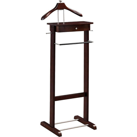 Oakestry Wooden Valet Stand with Drawer Contour Hanger Trouser Bar Belt and Tie Hooks Shoe Rack for Suit Jacket Pants and Accessories Wardrobe Organizer for Bedroom or Office, Dark Walnut