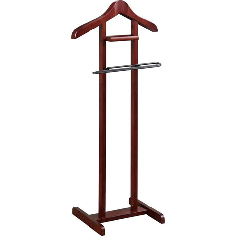 Oakestry Wooden Suit Valet Stand with Contour Hanger Trouser Bar and Accessory Tray Elegant Wardrobe Organizer for Men Bedroom Closet and Office Mahogany Finish