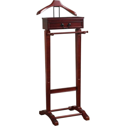 Oakestry Wooden Suit Valet Stand with Drawer Hanger Trouser Bar Shoe Rack Top Tray Luxury Wardrobe Organizer for Men Bedroom Office Mahogany