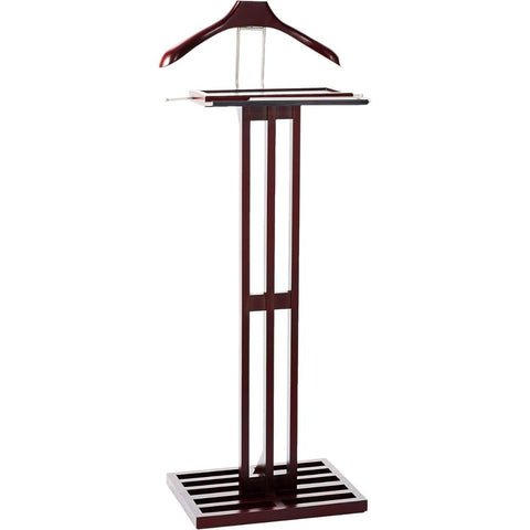 Oakestry Freestanding Wooden Suit Valet Stand with Hanger Storage Tray Tie Hook Classic Wardrobe Organizer for Bedroom Office Closet, Dark Mahogany