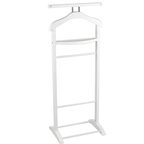 Oakestry White Wooden Suit Valet Stand with Hanger Trouser Bar Storage Tray Tie Organizer Stylish Wardrobe Assistant for Men Bedroom or Office