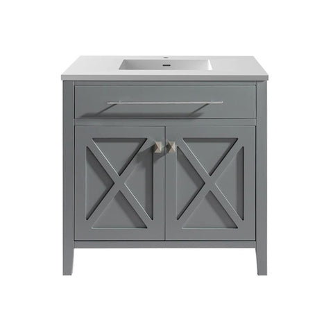 Oakestry Wimbledon 36" Grey Bathroom Vanity with Matte White Viva Stone Solid Surface Countertop – Single Sink, Solid Oak, Soft-Close Doors, Pre-Assembled
