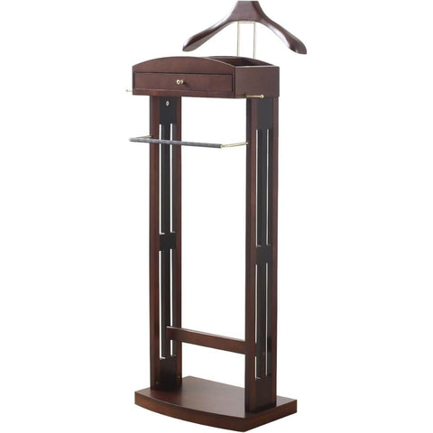 Oakestry Wooden Suit Valet Stand with Drawer Storage Tray Trouser Bar Tie Belt Hooks Shoe Rack Classic Wardrobe Organizer for Bedroom Office, Dark Walnut