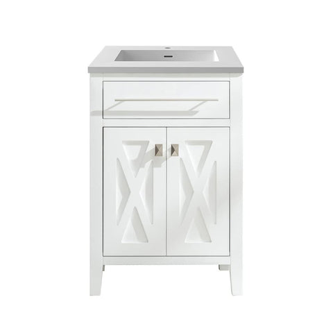 Oakestry Wimbledon 24" White Bathroom Vanity with Matte White Viva Stone Solid Surface Countertop, Integrated Sink, Soft Close Doors, Solid Oak Cabinet