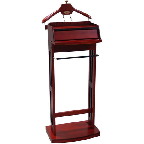 Oakestry Wooden Wardrobe Valet Stand with Power Extension Large Storage Contour Hanger Trouser Bar Belt Hooks Shoe Rack and Drawer for Bedroom Closet Office, Dark Walnut