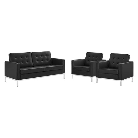 Oakestry Luxury Inspired Loft 3 Piece Tufted Upholstered Faux Leather Set Comfortable Indoor Furniture for Living Room Apartment Lounge Reception Area Premium Everyday Styling