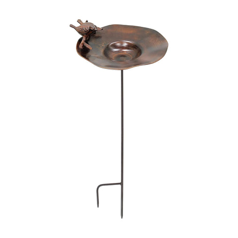 Oakestry Birds and Stake Birdbath Antique Patina Outdoor Garden Yard Patio Lawn Decorative Wildlife Feeder Rustic Vintage Style Durable Metal Bowl Accent Water Basin with Stand