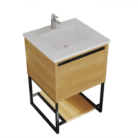 Oakestry Alto 24 Inch Bathroom Vanity California White Oak Cabinet Matte White Viva Stone Solid Surface Countertop Modern Single Sink Freestanding Storage Soft Close Doors Compact Washroom