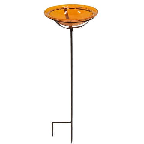 Oakestry 12" Mandarin Crackled Glass Birdbath with Stake & Cradle, Hand-Blown Orange Glass Garden Bird Bath with Wrought Iron Stand Outdoor Décor