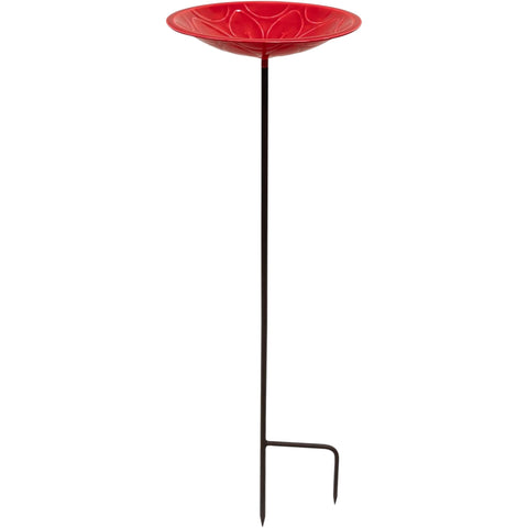 Petunia Pink Lolly Embossed Steel Birdbath with Garden Stake, UV-Resistant Outdoor Bird Bath, 12” Bowl, Bronze Wrought Iron Stand