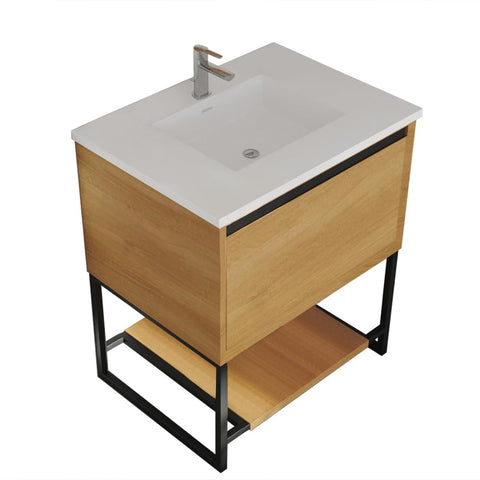 Oakestry Alto 30 Inch Bathroom Vanity California White Oak Cabinet Matte White Viva Stone Solid Surface Countertop Modern Single Sink Freestanding Storage Soft Close Doors Washroom