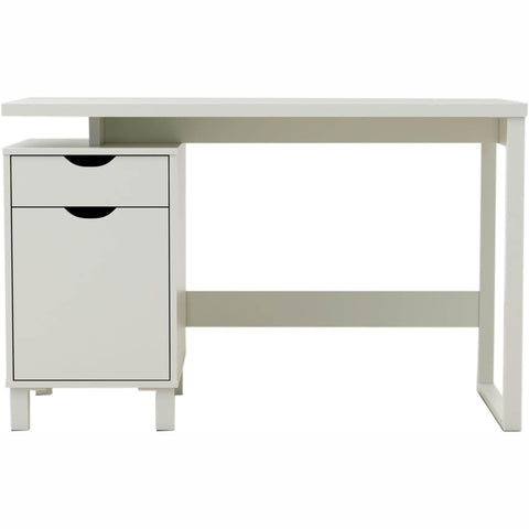 Oakestry Haslev 47" Writing Desk with Drawer & Storage Shelf, Compact Home Office Study Table with Metal Legs, White PVC Laminate Finish