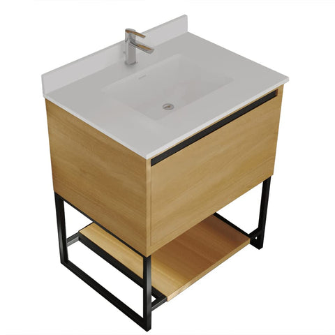 Oakestry Alto 30 Inch Bathroom Vanity California White Oak Cabinet White Quartz Countertop Modern Single Sink Freestanding Storage Soft Close Doors Washroom Cabinet