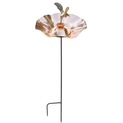 Oakestry Hummingbird Copper Birdbath with Garden Stake, Flower-Shaped Bird Bath with Brass Hummingbird & Wrought Iron Stand for Outdoor Garden Décor