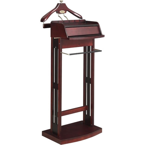 Oakestry Wooden Wardrobe Valet Stand with Power Extension Large Storage Compartment Contour Hanger Trouser Bar Belt Hooks and Shoe Rack for Bedroom Closet, Dark Walnut