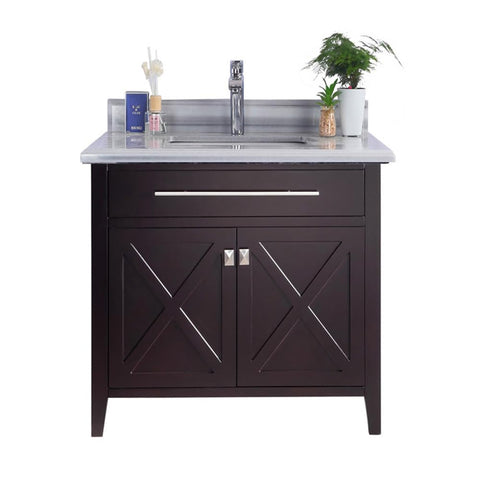 Oakestry Wimbledon 36" Brown Bathroom Vanity with White Stripes Marble Countertop – Single Sink, Solid Oak, Soft Close Doors, Pre-Assembled