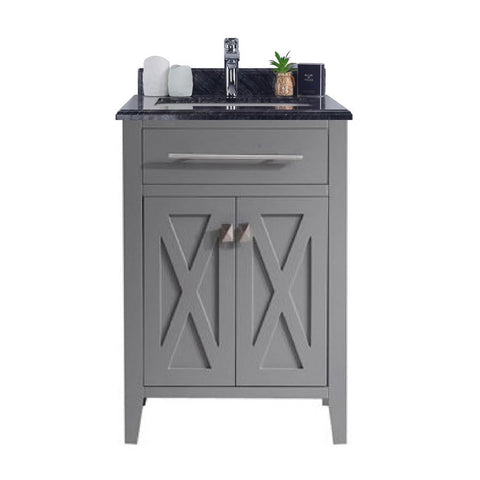 Oakestry Wimbledon Bathroom Vanity with Black Wood Marble Top & Ceramic Sink, Solid Oak Cabinet, Soft Close Doors, Pre-Assembled, Grey Finish
