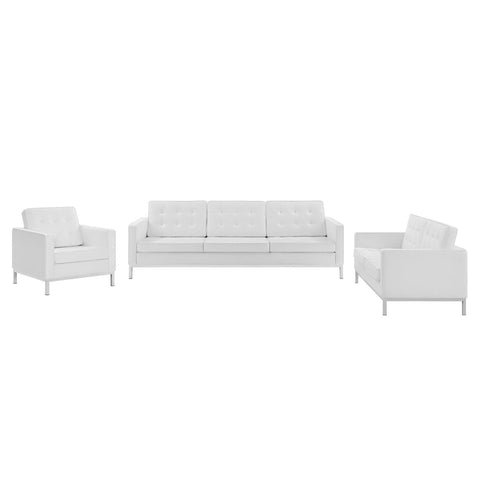 Oakestry Luxury Inspired Loft Tufted Upholstered Faux Leather 3 Piece Set Comfortable Indoor Furniture for Living Room Apartment Lounge Reception Area Premium Daily Styling